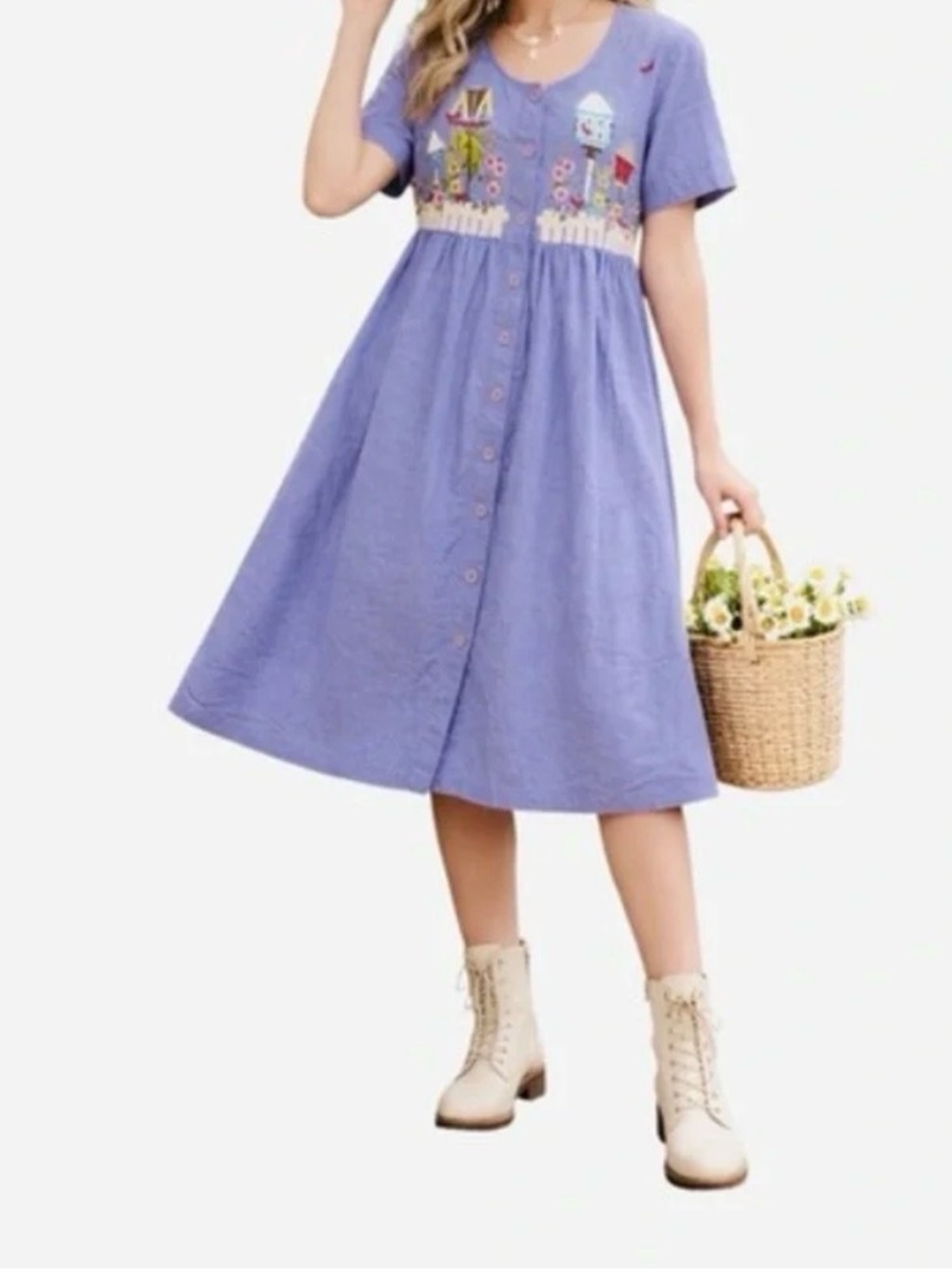 Bechamel Purple Embroidered Birdhouse Cotton Cottagecore Dress PS